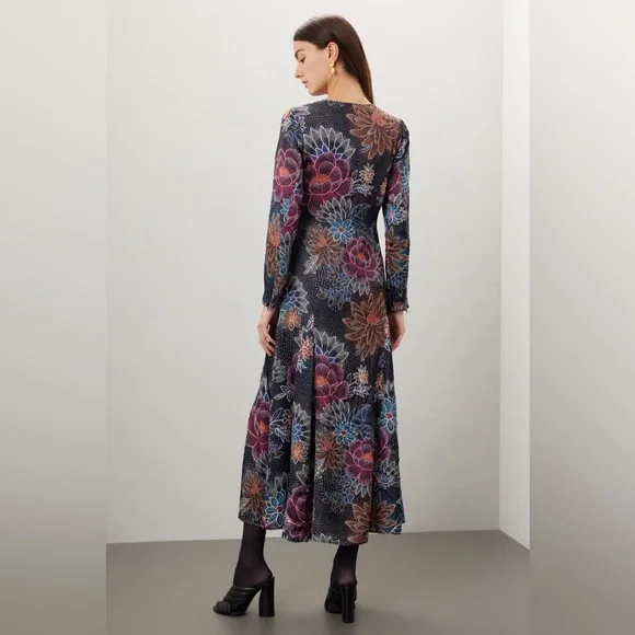 FARM Rio Blue Floral Dot Print Satin Maxi Dress - Long Sleeve, Size S - Picture 4 of 16